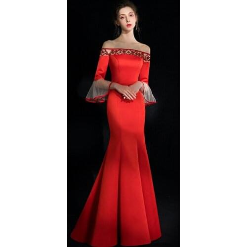 JaneVini 2019 Off the Shoulder Beaded Red Satin Long Bridesmaid Dresses Poet Sleeves Backless Mermaid Charming Formal Prom Gowns