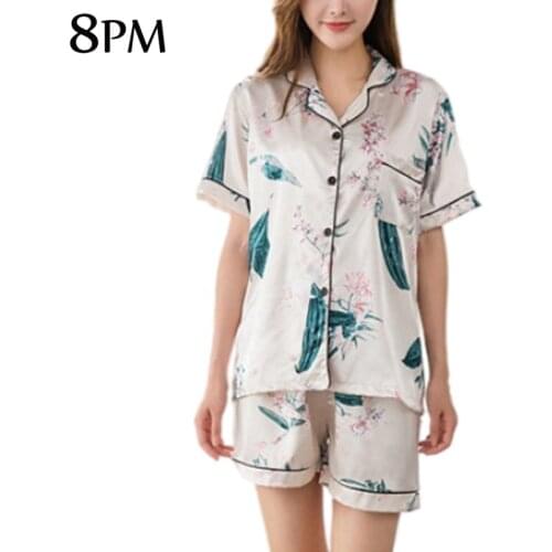 Summer Women Satin Silk Pyjamas Set Sexy LingeriePyjamas Short Sleeve Button-Down Printed Sleepwear Short Nightwear Sets ouc811