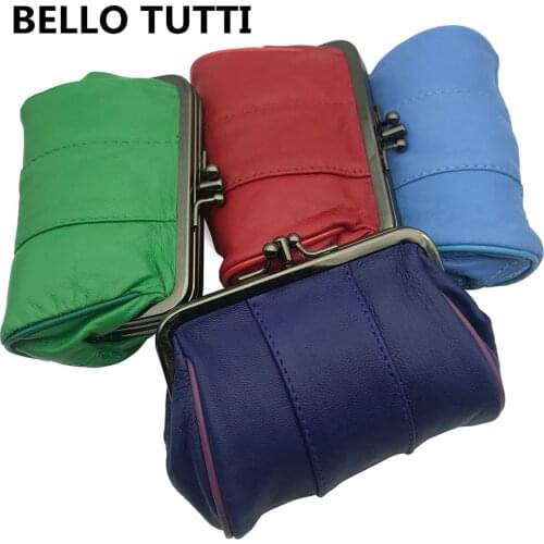 BELLO TUTTI Mini Coin Purse Money Clip Original Women Card&ID Holder Key Wallets Metal Hasp Genuine Leather Sheepskin Change Bag