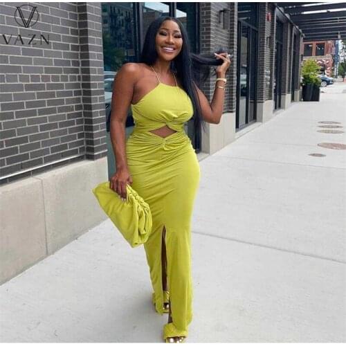 VAZN 2021 Fashion Solid Formal Office Sleeveless Bandage Bodycon O-neck Maxi Long Dresses Shinny Night Party Shinny Slim Dress