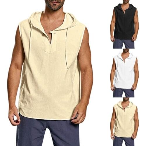 Fitness Mens Hoodie Sportswear Vest Loose Cotton Linen Solid Summer Vest Button Beach Sleeveless Hooded Shirt Vest