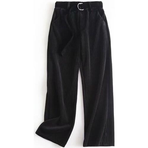 2021 New black corduroy straight pants high waist trousers for women belt pleated suit pants vintage korean streetwear