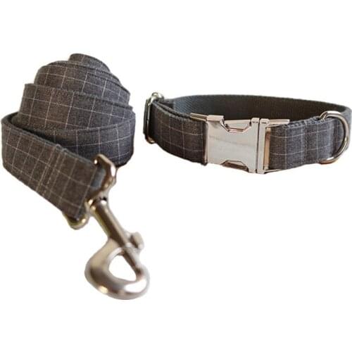 Official Design Grey Plaid Dog Collar And Lead Set With Personal Custom Adjustable Pet Pupply Dogs &cat Necklace And Dog Leash