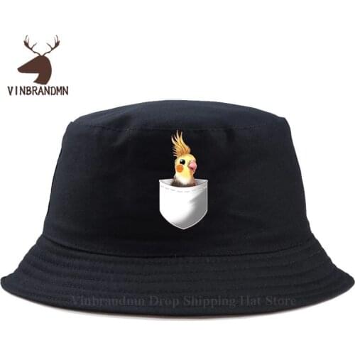 Cute Austrlian Parrot Fashion Bucket hat Stylish Creative Design Pocket Cockatiel Fishing hat men women Hip Hop Baseball net cap