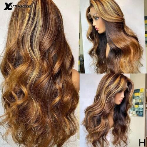 Highlight Blonde 13x4 V Part Lace Front Human Hair Wigs Body Wave Blonde Brown Highlights Wigs For Women Peruvian Closure Wig