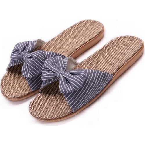 Suihyung Women Flax Slippers Summer Casual Slides Comfortable Striped Floral Bow Girls Sandals Female Indoor Home Shoes Slip On