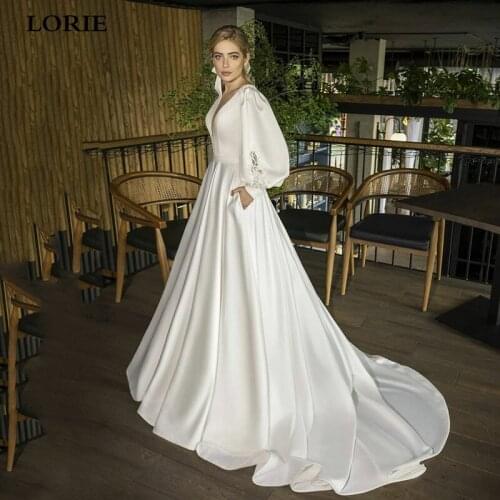 LORIE Princess Wedding Dress Satin Puff Sleeve Floral Appliqued Lace Garden Bridal Dresses Modest Robe de mariage 2021