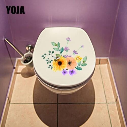 YOJA 22.9X19.1CM Watercolor Green Leaves And Flowers And Bee Home Decor Wall Sticker Toilet Seat Decal T5-0968