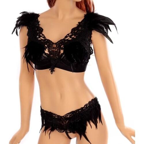 Body Harness Feather Set Belt Garter Black Sexy Harness Women Suit Sexy Cage Bra for Women Elastic Goth Festival Rave Dance Wear