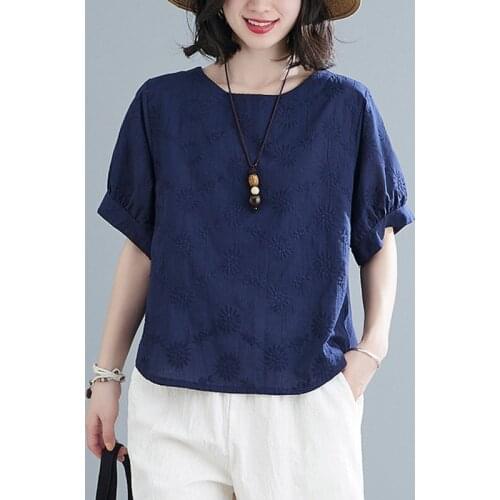 Women Summer Cotton Linen Casual Shirts New 2021 Vintage Style Floral Embroidery Loose Female Short Sleeve Tops Tees B287