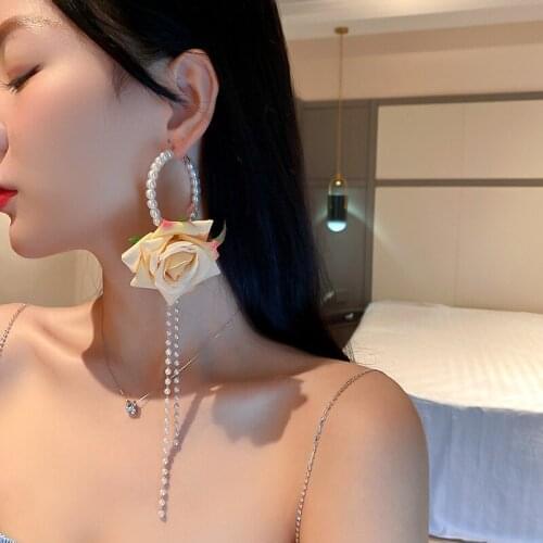 1pc New Korean Fabric Flower Big Pearl Hoop Earrings For Women Elegant Long Tassel Earring Pendientes Wedding Party Jewelry Gift