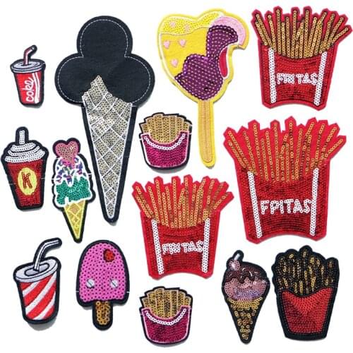 1 Delicate Embroidered Cloth Stickers Sequins Embroidered Stickers Ice Cream Fries Drinks Clothing Packaging Decoration Stickers