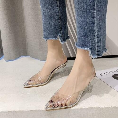Heel Womens Rhinestone Party Pointed Sandals Transparent Crystal High Heels Summer Women Sandals Woman Shoes Zapatillas Mujer