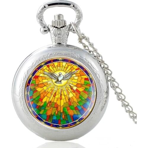 The Catholic Holy Spirit Design Silver Vintage Quartz Pocket Watch Pendant Clock Watch Charm Men Women Necklace Gifts
