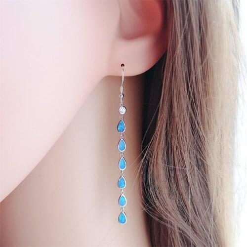 Boho Vintage Water Drop Blue Fire Opal Long Dangle Earrings Zircon Crystal Ladies Fashion Wedding Party Jewelry Gifts for Her