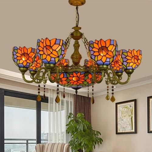 European Mediterranean blue sunflower retro sitting room dining-room bedroom 68 crystal droplight lamp 110-240V Pendant Lights