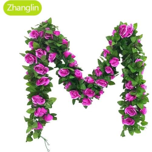 Silk artificial rose vine hanging flowers for wall decoration rattan fake plants leaves garland romantic wedding home decoration