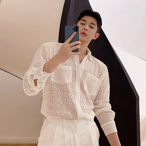 2021 fashion trends spring autumn new sexy see-through lace shirt Loose Casua long-sleeved shirt men Male Harajuku Dress Shirts