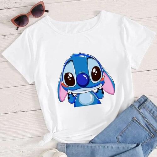 Vogue Kawaii Disney Stitch Print Women T-shirt Lilo and Stitch Aesthetic T Shirt Round Neck Urbano Casual Loose Camiseta Mujer