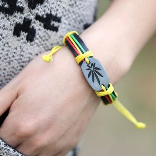 Trendy Maple Leaf Reggae Jamaica Leather Bracelet Punk Wristbands Hand Woven Weed Hemp Cord Bracelet for Men Women Cuff Jeweley