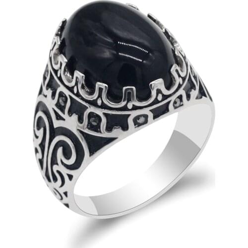 Natural Onyx Mens Ring with Big Black/Red Stone Rings Carved Design for Men Turkish Handmade Vintage Punk Fashion Jewelry Gift