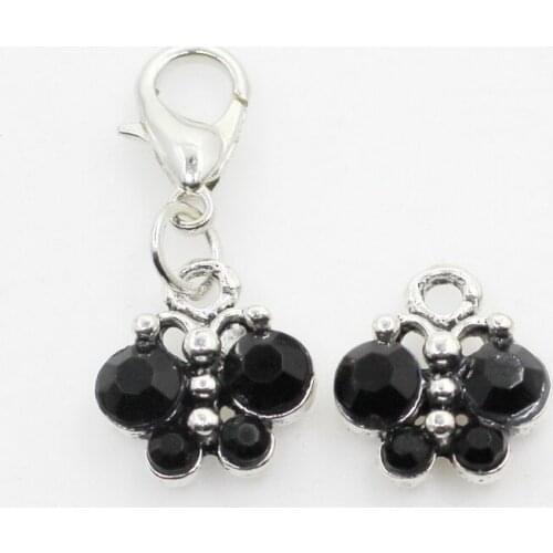 New Crystal Black Butterfly 20pcs/lot Animals Dangle Charms Lobster Clasp DIY Jewelry Accessory Hanging Charms For Bracelets