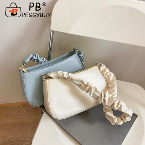 Simple PU Pleated Shoulder Underarm Bag Casual Women Solid Color Small Handbag Female Pleated Handle Shoulder Bag