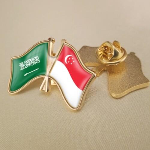 Saudi Arabia and Singapore Crossed Double Friendship Flags Lapel Pins Brooch Badges