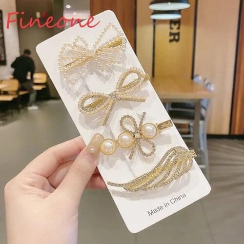 4Pcs/Set Pearl Hair Bows Hair Clips Shiny Rhinestones Center Bows Hair Accessories For Women Girls