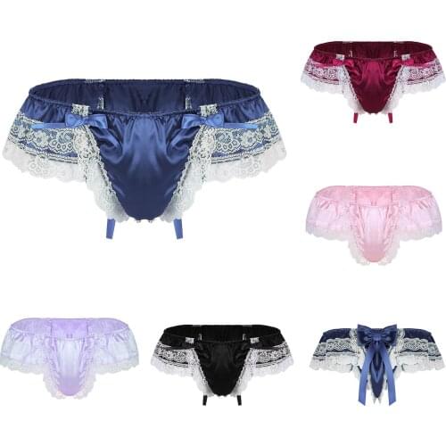 Sexy Mens Stretch Bulge Pouch Thong Satin Bow Bikini Briefs Underwear Sissy Gay Men Hot Porno Lace Erotic Intimate Underpants