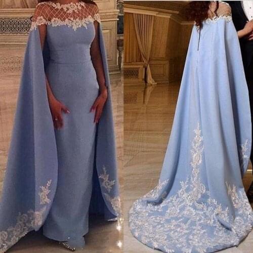Arabic Style Evening Dresses with Cape Sheer Neck Beading White Appliques Light Blue Satin Formal Women Evening Gowns 2020