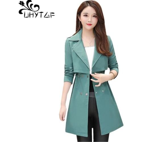 UHYTGF 5XL Women windbreaker large size coat Fashion suit collar double-breasted quality spring autumn trench coat for women 202