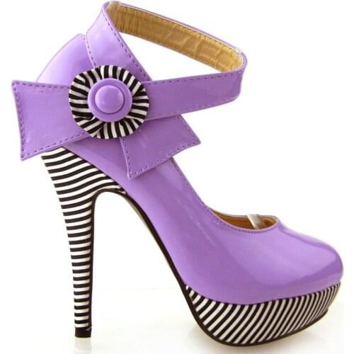LF30404-3 New Ladies Flower Ankle Strap Stripe Platform Party Pumps