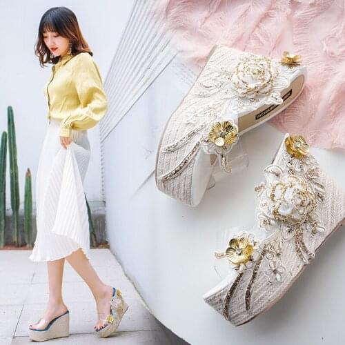 Fashion Summer Exquisite Flower Slope With High Heels 12CM Ladies Slippers Hot Sale Transparent Casual Beach Shoes Non-Slip