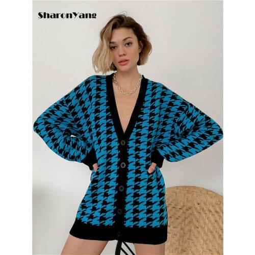 V Neck Women Button Black Houndstooth Knitted Cardigan Long Sleeve Sweater Autumn Winter Loose Outer Sweater Coat