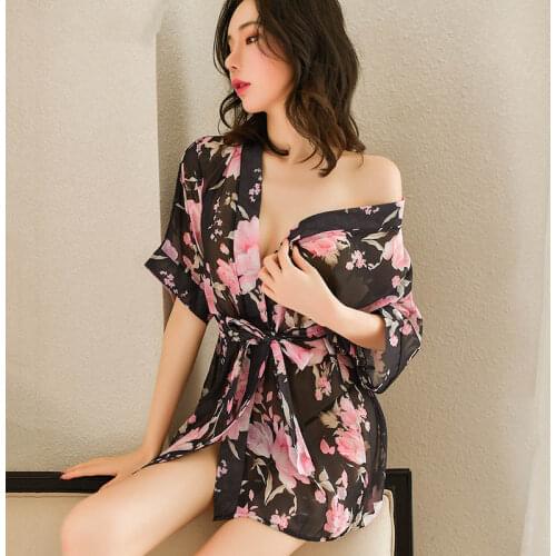High-end womans sexy lingerie Japan style chiffon printed nightgown V-neck ultra short nightdress bowknot belt kimono cosplay