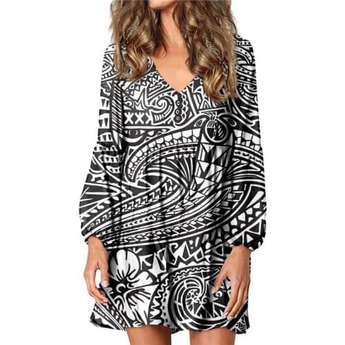 Hycool Polynesian Tribal Print Vintage Womens Lantern Sleeve Home Casual Black Dress Sexy V Neck Pleat Loose Dress For Pregnant