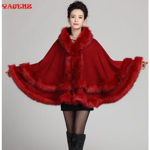 2019 Fashion Long Wool Cashmere Faux Fox Fur Cape Coat Cardigan Women Poncho Knitted Sweater Women Faux Fox Fur Womens Cardigans