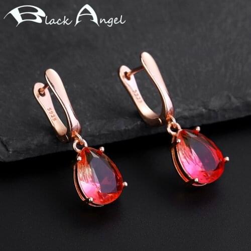 BLACK ANGEL Fashion Classic Water Drop Rose Red Tourmaline Gemstone 925 Silver Clip Earrings For Women Jewelry Christmas Gift
