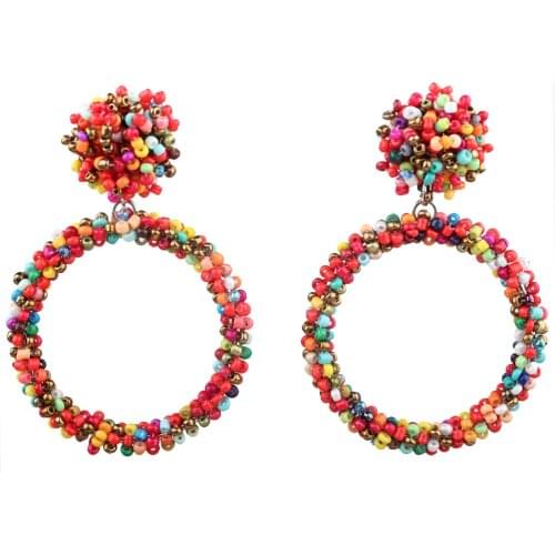 Claire Jin Big Round Circle Pure Handmade Small Beads Earring Bohemian Jewelry Ethnic Drop Earrings for Women Vintage Style