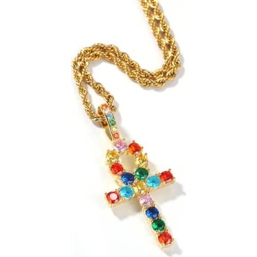 New Hip Hop Ankh Cross Pendant Necklace AAA Zircon Vintage Hiphop Iced Out Cross Necklace Fashion Jewelry Gift for Men Women