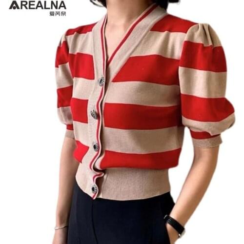 Vintage Short Sleeve V-neck cardigan women Striped Knitted Single Breasted Tops Korean Fashion Ladies black sweater jumper women