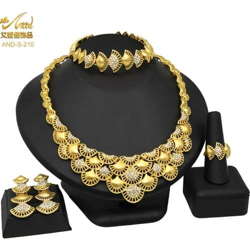 Dubai Gold 24K Jewelry Sets For Women African Necklace Bracelet Earring Ring Set Fan-Shaped Bridal Jewellery Wedding Ethiopian