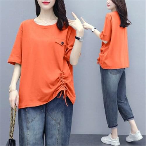 Single/Suit Summer Loose Two-Piece Set 2021 New Solid Color Round Neck Pullover Blouse + Elastic Waist Nine-Point Jeans Fashion