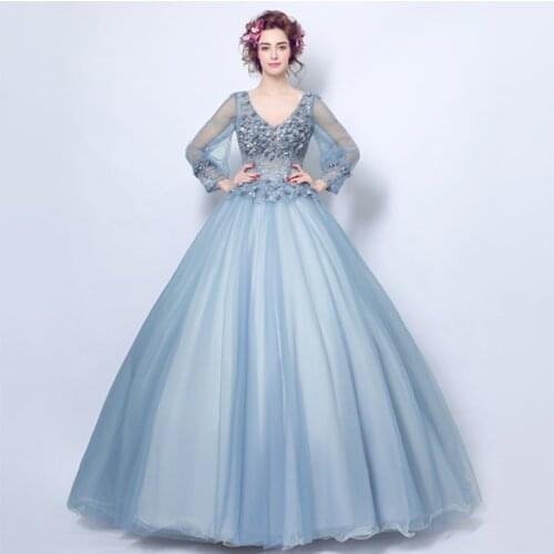 V-neck Illusion Princess Quinceanera Dresses Long Sleeves Puffy Ball Gowns Smoke Blue Vestido Quinceanera Debutante Sweet 16