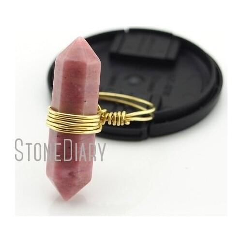 10Pcs Wire Wrap Gold Plating Faceted Double Terminated Point Ring Rhodonite Ring 6-8 RM13020