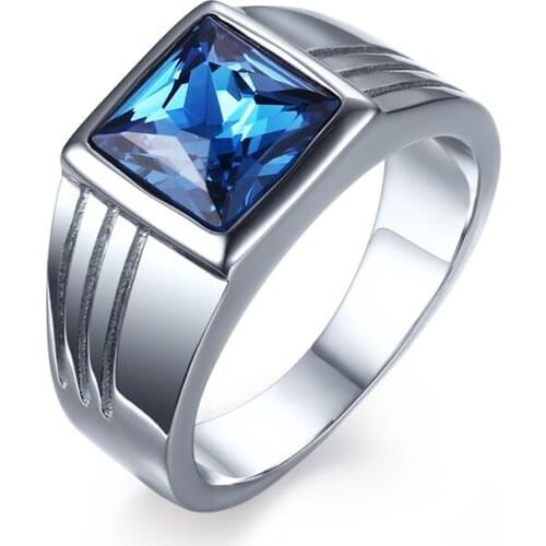 Blue High Quality Big Rhinestones Ring for Men Silver-color Stainless Steel Mens Engagement Band Ring