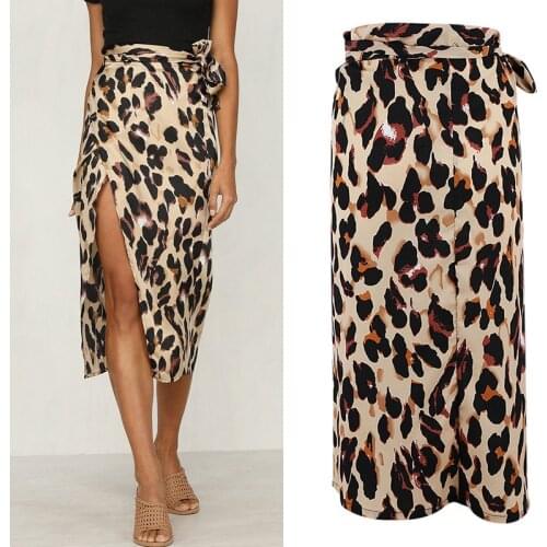 New Fashion Women Leopard Skirt Slim Wrap Asymmetric Bandage Lace Up Side Split Gypsy Drape Bodycon Midi Skirts Bottom