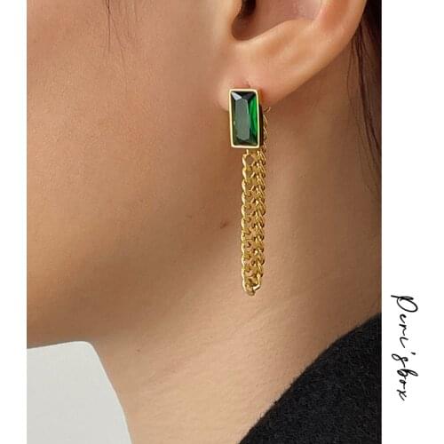 PerisBox Green Rectangle Glass Stud Earring Long Twisted Cuban Chain Earring Vintage Unusual Trendy Earrings For Women Jewelry