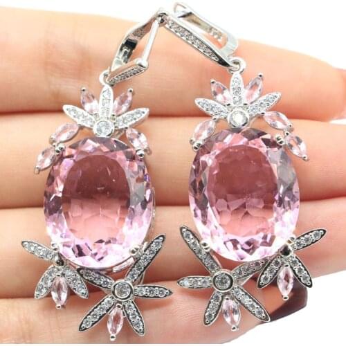 61x25mm Delicate Fine Cut Big Oval Gemstone Created Pink Kunzite CZ Women Dating Daily Wear Silver Earrings Daily Wear